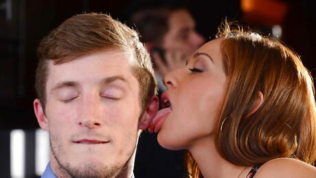 Stunning american teen Sara Luvv work on big cock and takes a cum shot on her face 